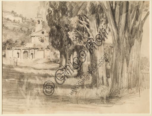 Giuseppe Mentessi Landscape with a Church pencil drawing on paper