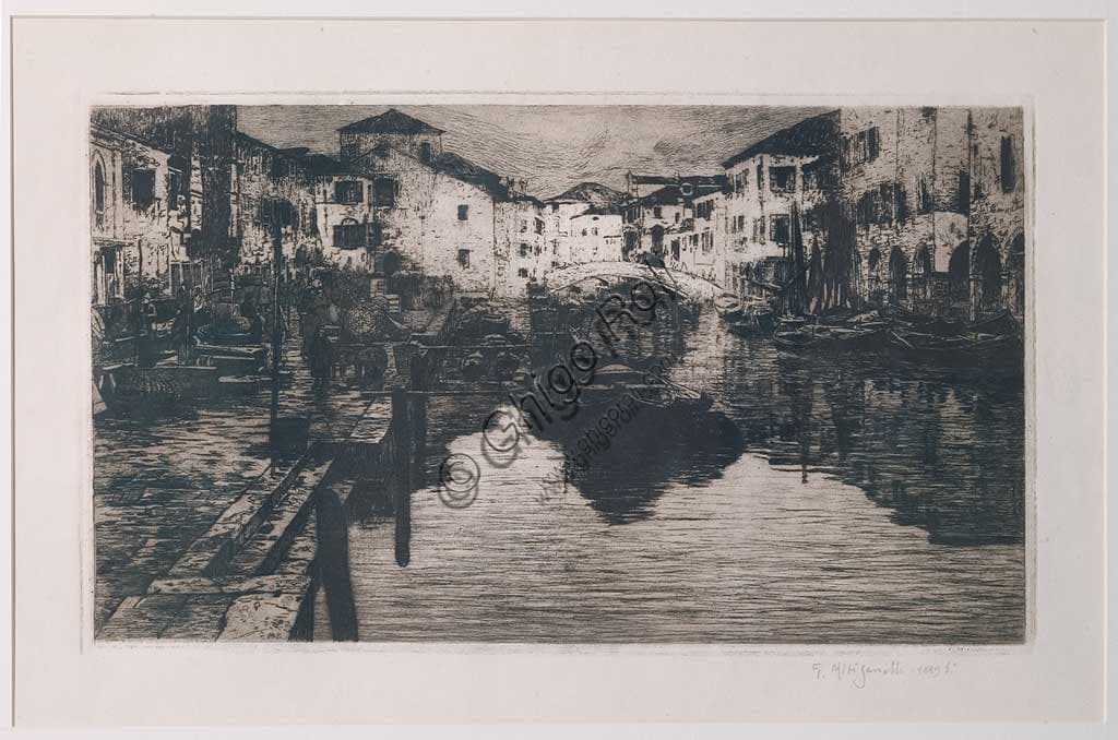 Etching The Fish Market Canal in Chioggia by Giuseppe Miti Zanetti, Assicoop-Unipol Collection