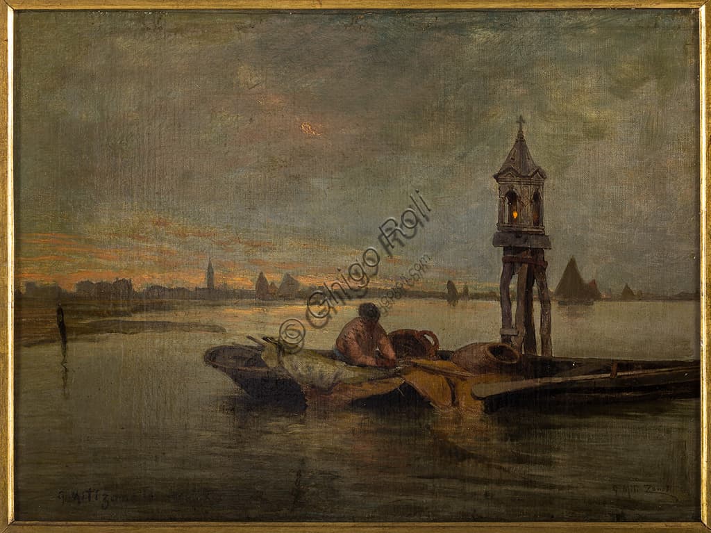 Painting 'Hail Mary (One Night in Sottomarina)' by Giuseppe Miti Zanetti, oil on canvas, night landscape of Sottomarina Italy