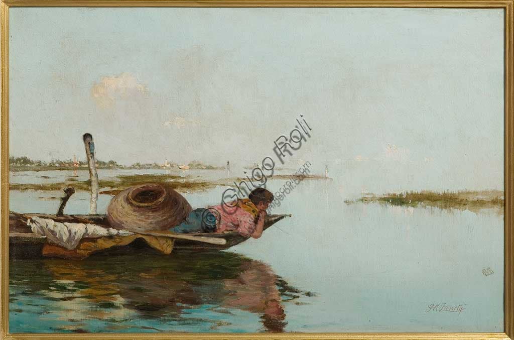 Oil on canvas painting Calmness. Venetian Lagoon by Italian painter Giuseppe Miti Zanetti
