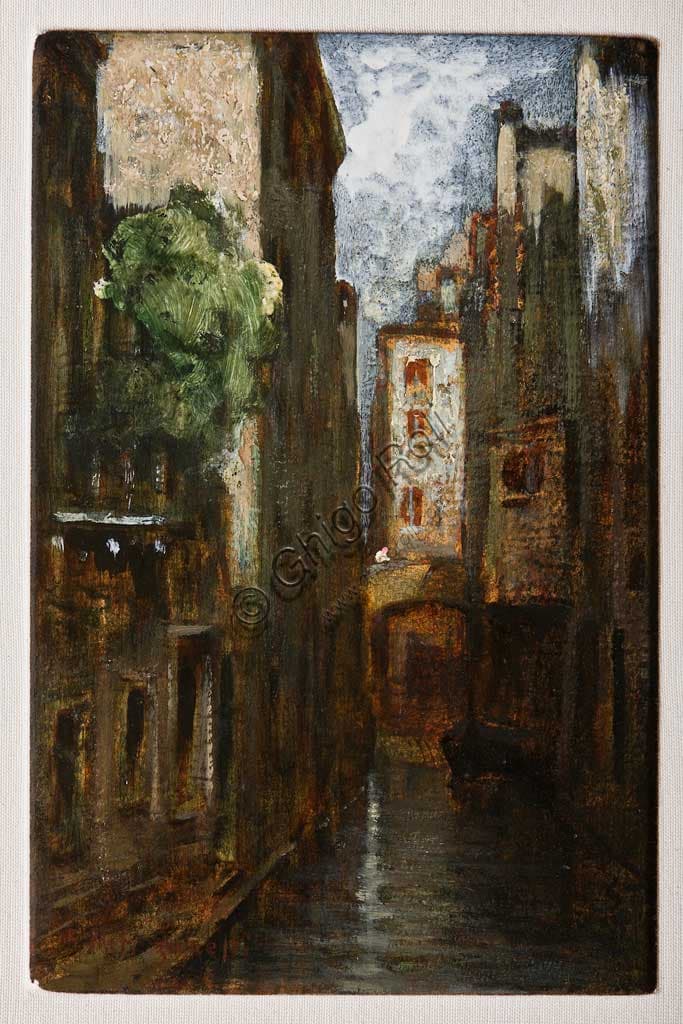 Giuseppe Miti Zanetti, Impressions of a rio, oil on cardboard painting, Assicoop Unipol Collection