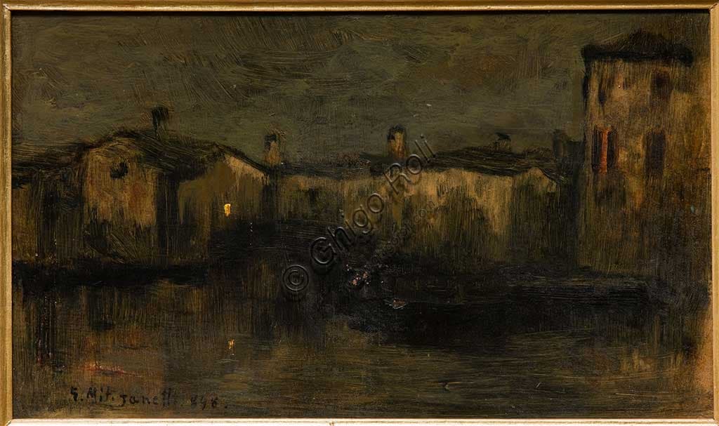 Landscape with houses oil on cardboard painting Giuseppe Miti Zanetti Assicoop Unipol Collection