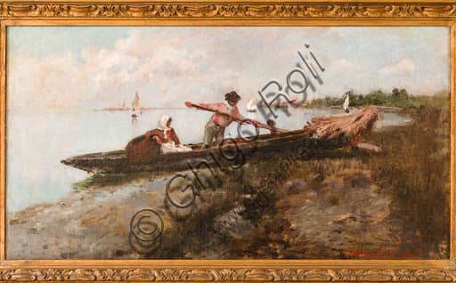 Giuseppe Miti Zanetti painting Departure from Cavallino oil on canvas boat Italian seascape artwork