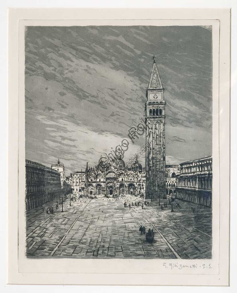 Etching and aquatint artwork of St. Mark's Square by Giuseppe Miti Zanetti, Assicoop-Unipol Collection, Italian art print
