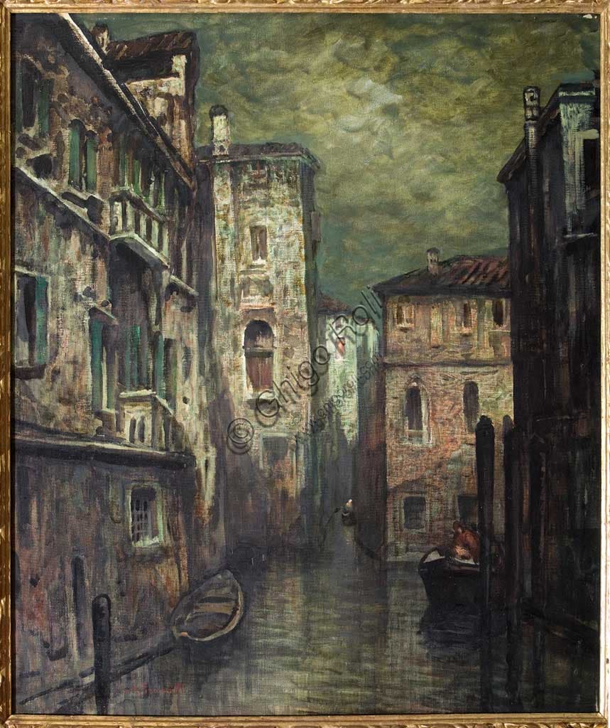 Painting Rio dell'Olio oil on canvas by Giuseppe Miti Zanetti, Assicoop Unipol Collection