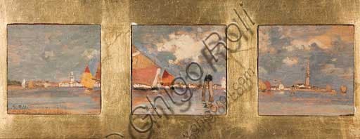Tryptique with Lagoon, oil on plywood painting by Italian painter Giuseppe Miti Zanetti