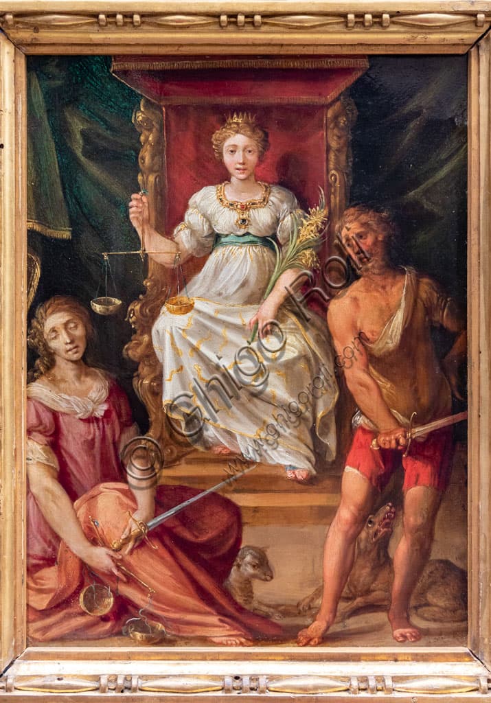 Painting Justice Equity Injustice Contrast by entourage of Cavalier d'Arpino, oil on copper, Tosio Martinengo Gallery Brescia