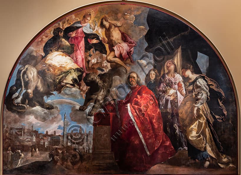 Il dipinto 'Glorificazione del podestà Girolamo Priuli' di Francesco Maffei, olio su tela 1649, con le allegorie e il leone di San Marco.
