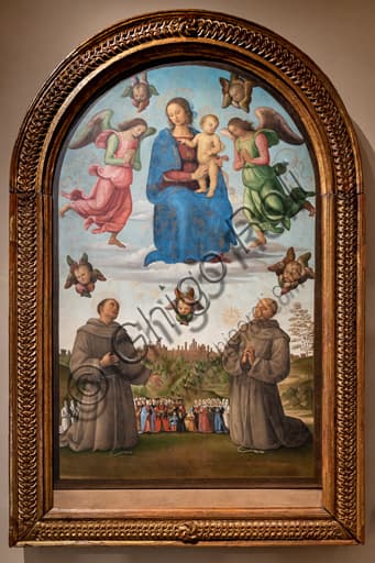 Dipinto Gonfalone della Giustizia del Perugino con Madonna, angeli e veduta di Perugia