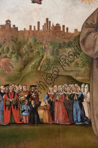 Particolare dello sfondo del Gonfalone della Giustizia del Perugino con veduta della città di Perugia e figure di popolo e confratelli