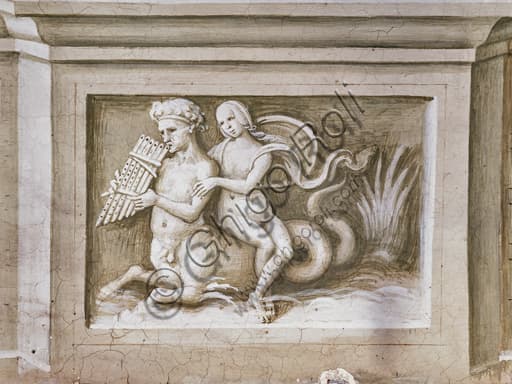 Detail of grisaille Nereid riding a Triton, Piccolomini Library dado, Siena Cathedral