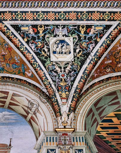 Dettaglio affresco grottesche e grisaille equestre nella volta della Libreria Piccolomini, Duomo di Siena