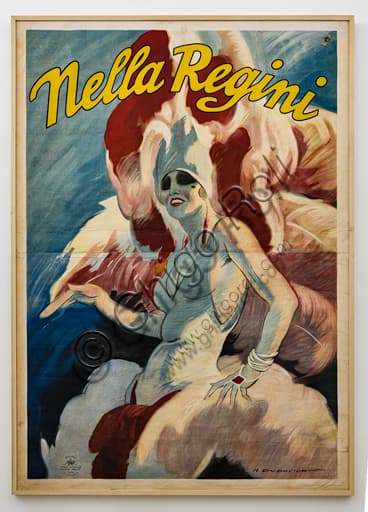 Illustrazione di Marcello Dudovich: Nella Regini in costume da scena con piume e svolazzi, cromolitografia su carta
