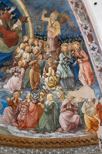 Detail of the Coronation of Mary fresco by Filippo Lippi in Spoleto Cathedral showing saints and angels