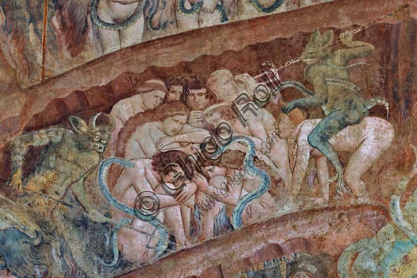 Detail of Buffalmacco's Hell fresco: circle of the slothful with lazy man ridden by demon