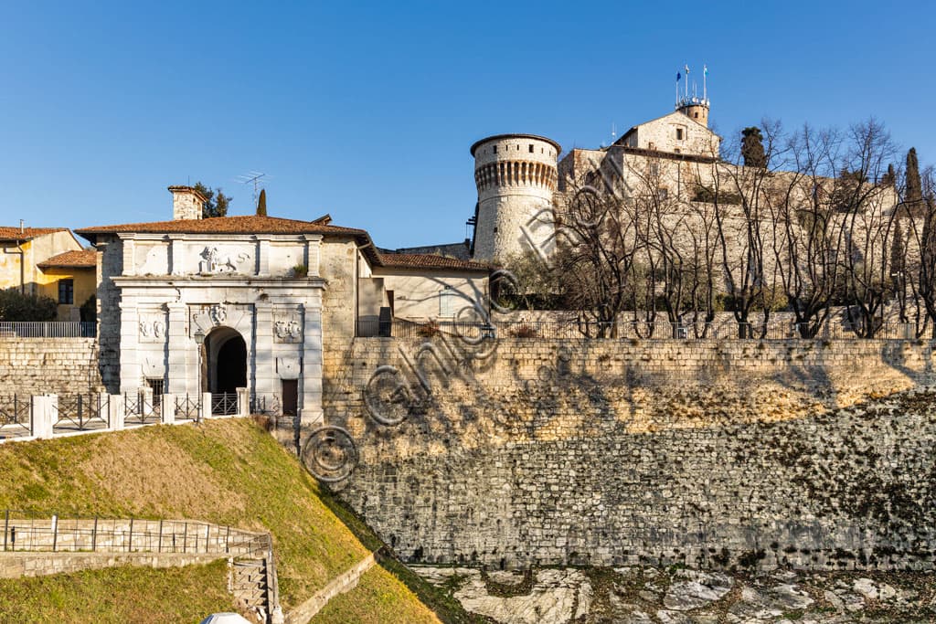 The historic entrance of Brescia Castle, fortress on Mount Cidneo in Lombardy, Italy