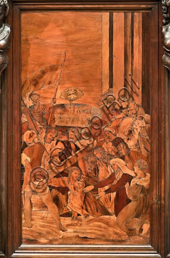 Detail of wood intarsia The Way to Calvary, Gian Michele De' Pantaleoni, Genoa Cathedral choir