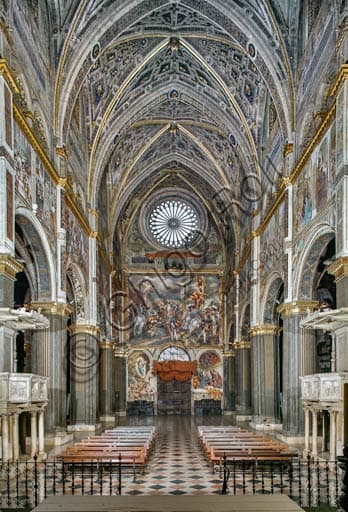 Interior of Cremona Cathedral, nave and counterfaçade with the Crucifixion fresco by Pordenone, 1521