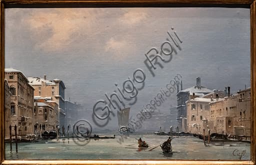 Dipinto Neve e nebbia sul Canale Grande di Ippolito Caffi, olio su tela 1849, paesaggio invernale di Venezia