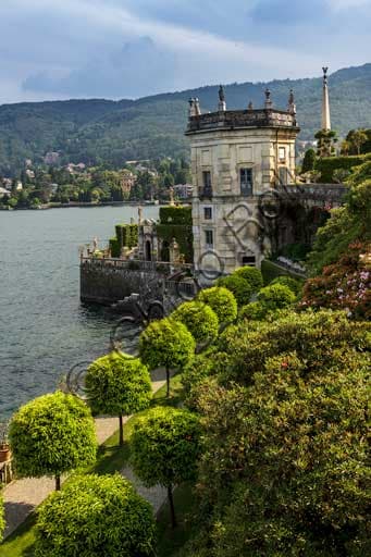 Aerial view of the Baroque garden terraces and the Wind Tower of Borromeo Palace on Isola Bella, Borromean Islands