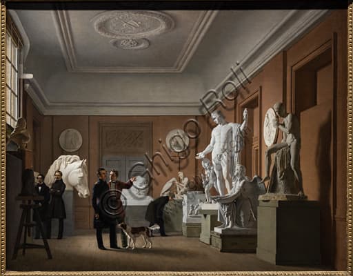 Oil painting by Johan Vilhelm Gertner depicting the interior of sculptor Thorvaldsen's studio in Charlottenborg, with busts and artworks, 1826