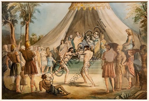 Acquerello I Lottatori di John Everett Millais, 1840-41, dettaglio della composizione