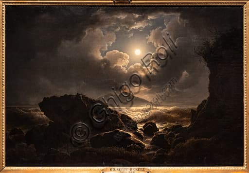 Joseph Rebell - Dipinto Burrasca al chiaro di luna nel Golfo di Napoli, olio su tela 1822