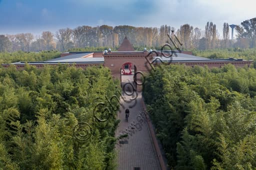Aerial view of the buildings and pathways within the bamboo maze of the Masone labyrinth, Fontanellato, by Franco Maria Ricci