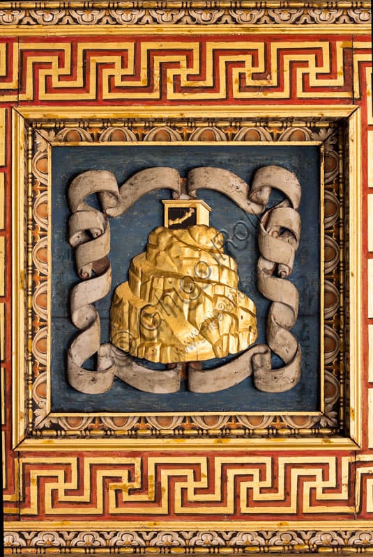 Detail of coffered ceiling lacunar Hall of Horses Palazzo Te Mantua, Mount Olympus emblem