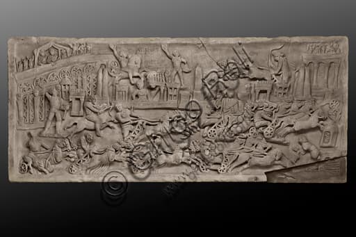 Roman slab with scene of chariot race in the Circus Maximus, Archaeological Collection Trinci Palace Foligno