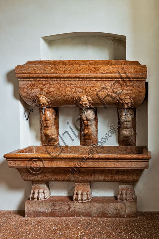 Ancient sink in ammonite red Verona marble, Church of St. Corona, Vicenza