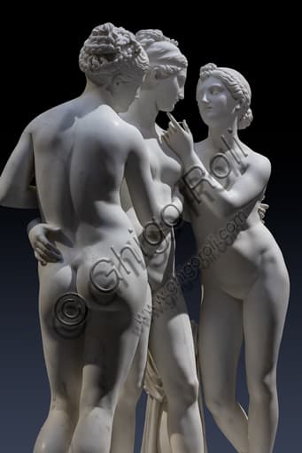 Detail of The Graces and Cupid sculpture by Bertel Thorvaldsen in Carrara marble, neoclassical art