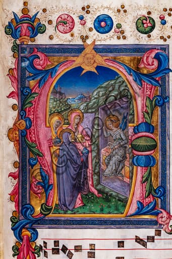 Detail miniature The Three Maries at the Tomb, Piccolomini Library choir book, Pellegrino di Mariano