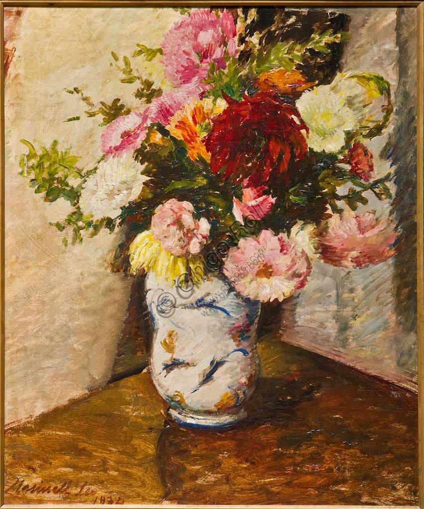 Dipinto a olio su tavola 'Vaso di Fiori' di Leo Masinelli, opera di natura morta floreale