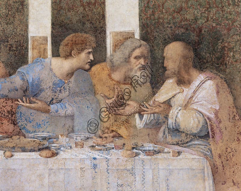Dettaglio parte destra Ultima Cena Leonardo: apostoli Matteo, Giuda Taddeo, Simone - Cenacolo Vinciano Milano