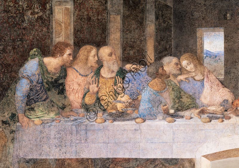 Dettaglio parte sinistra Ultima Cena Leonardo da Vinci, Cenacolo Milano