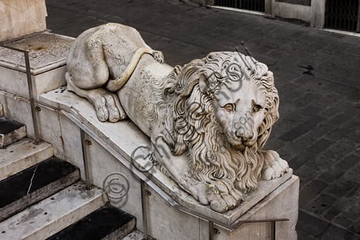 Lion statue Carlo Rubatto stairs façade St Lawrence Cathedral Genoa Italy