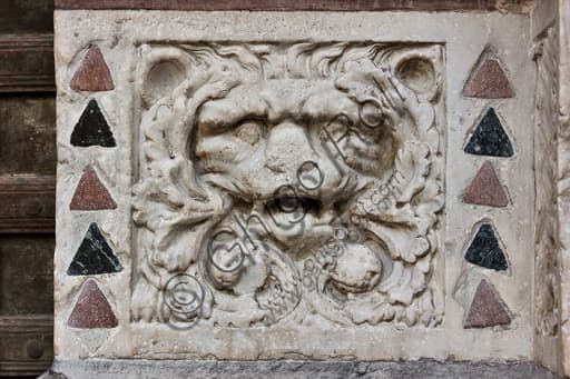 Sculpted panel of the Lion, base decoration of the main doorway of Genoa Cathedral (St. Lawrence Cathedral)