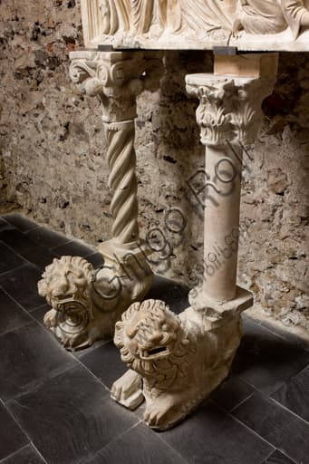 Detail of two lions supporting columns on Cardinal Luca Fieschi's funerary monument, Gothic sculpture, Genoa