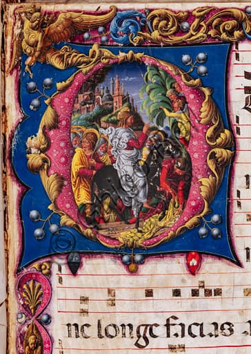 Detail of illuminated manuscript Entry of Christ into Jerusalem by Liberale da Verona, Piccolomini Library choir book