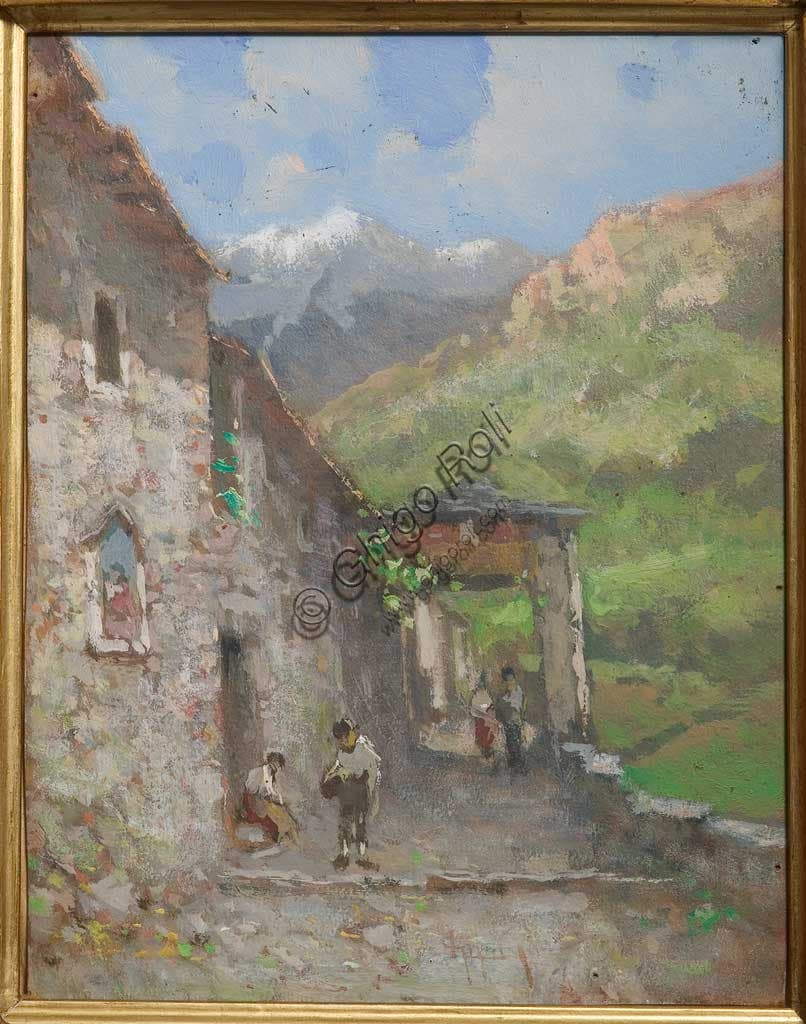 Alpine Village painting by Lorenzo Gignous, oil and tempera on cardboard, Italian mountain landscape