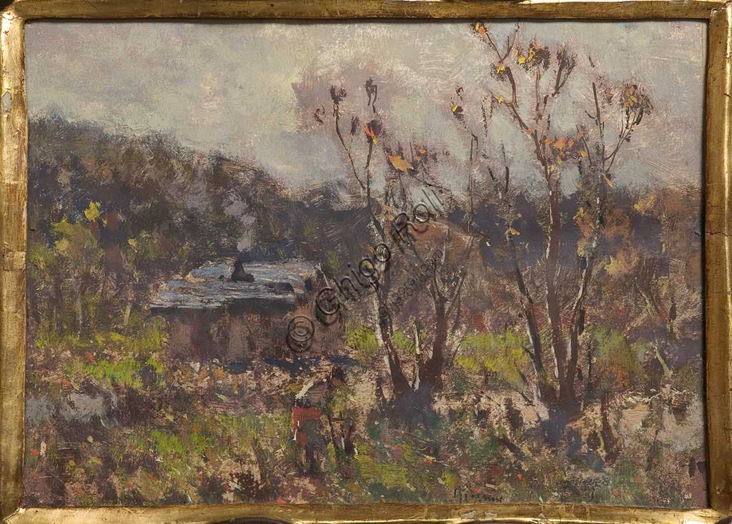 Painting Farmstead by Lorenzo Gignous, oil and tempera on paper, 20th century Italian landscape art