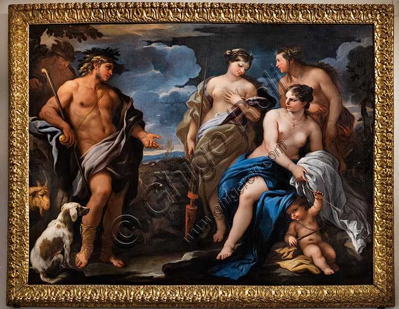 Dipinto Il Giudizio di Paride di Luca Giordano, olio su tela del XVII secolo in stile caravaggesco