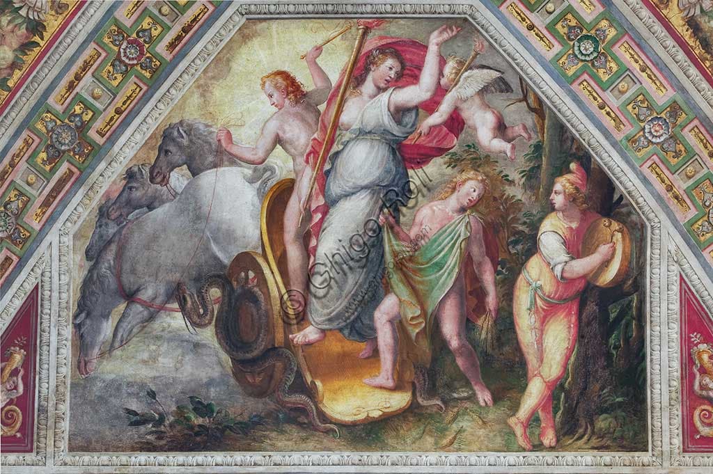 Detail of the Sunset ceiling painting by Ludovico Settevecchi, Chamber of Dawn, Castello Estense Ferrara Italy