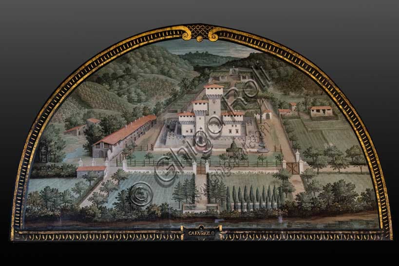 Painterly lunette by Giusto Utens depicting the Medici Villa di Cafaggiolo in Barberino di Mugello, detailed aerial perspective