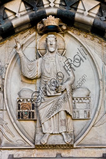 Sculptural detail of the lunette with Christ in Judgement and Evangelists' symbols, Genoa Cathedral, circa 1225