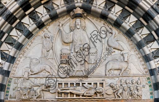 Lunette Christ Judgement Evangelist symbols main portal Genoa Cathedral Saint Lawrence