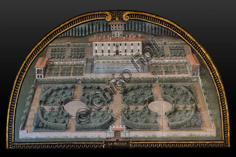 Painted lunette by Giusto Utens with aerial view of the Medici Villa La Petraia in Tuscany, detail