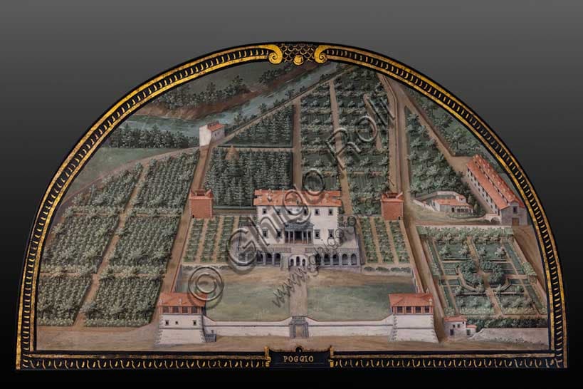 Giusto Utens lunette showing an aerial view of the Medici Villa in Poggio a Caiano, Tuscany