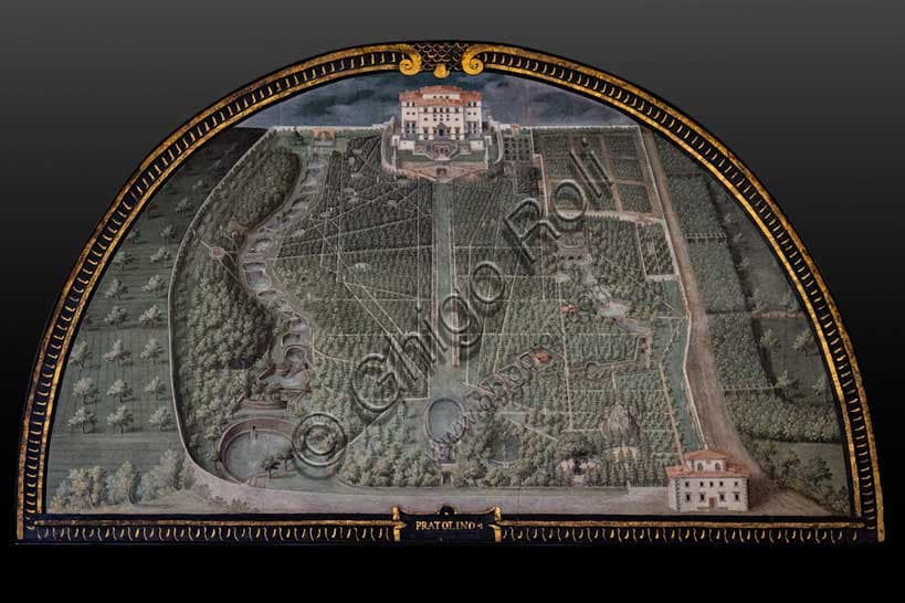 Painted lunette 'Pratolino' by Giusto Utens with aerial view of the Medici Villa circa 1600